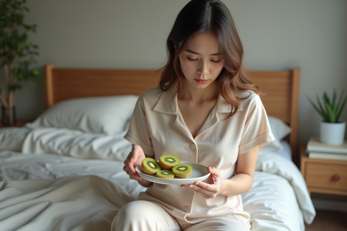 Jeune femme en pyjama tenant un kiwi avant de dormir