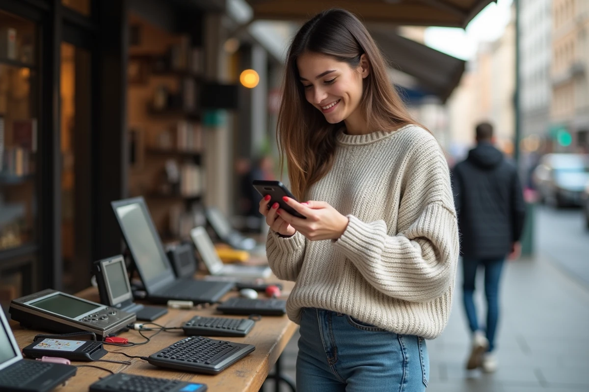Jeune femme inspectant un vieux téléphone au marché