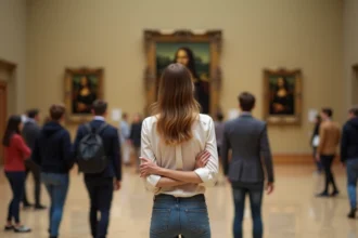 Jeune femme regardant la Mona Lisa au Louvre