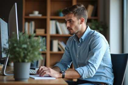 Jeune homme en bureau lisant sur son ordinateur