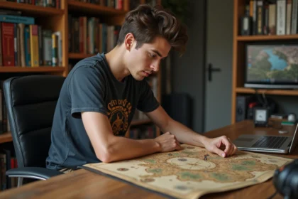 Jeune homme étudiant une carte fantasy dans un bureau cosy