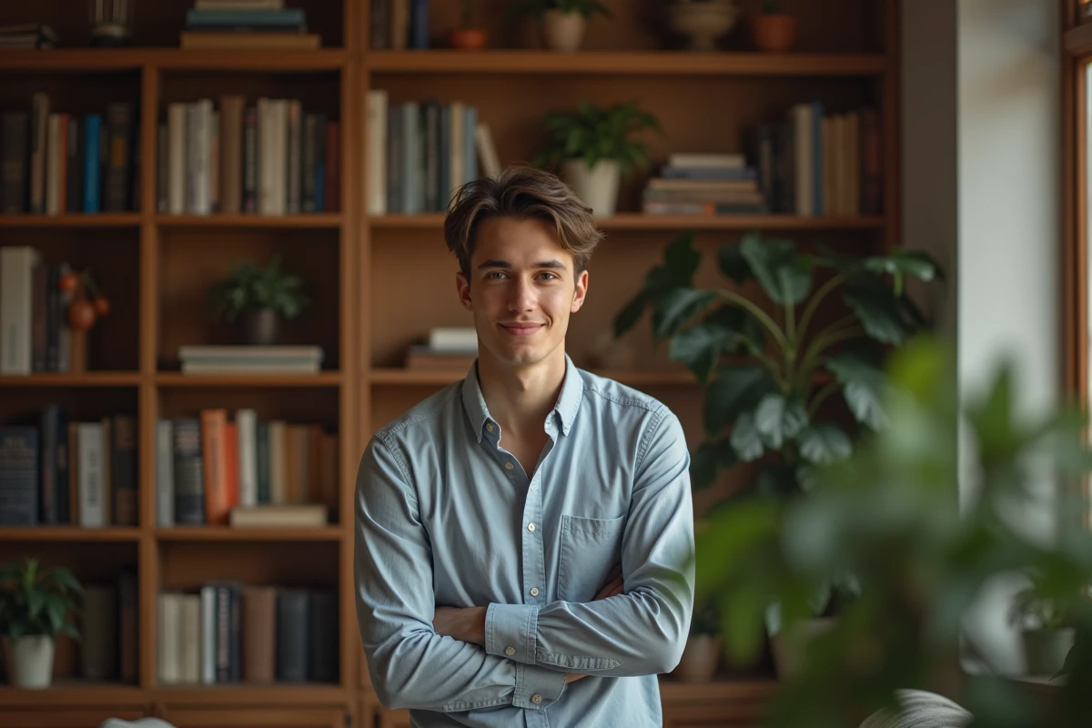 Jeune homme dans un salon avec des livres et plantes