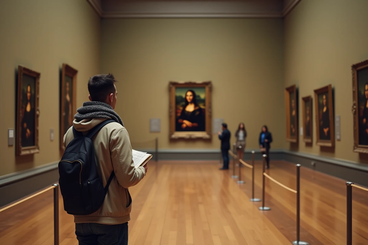 Jeune homme regardant la Mona Lisa dans le couloir