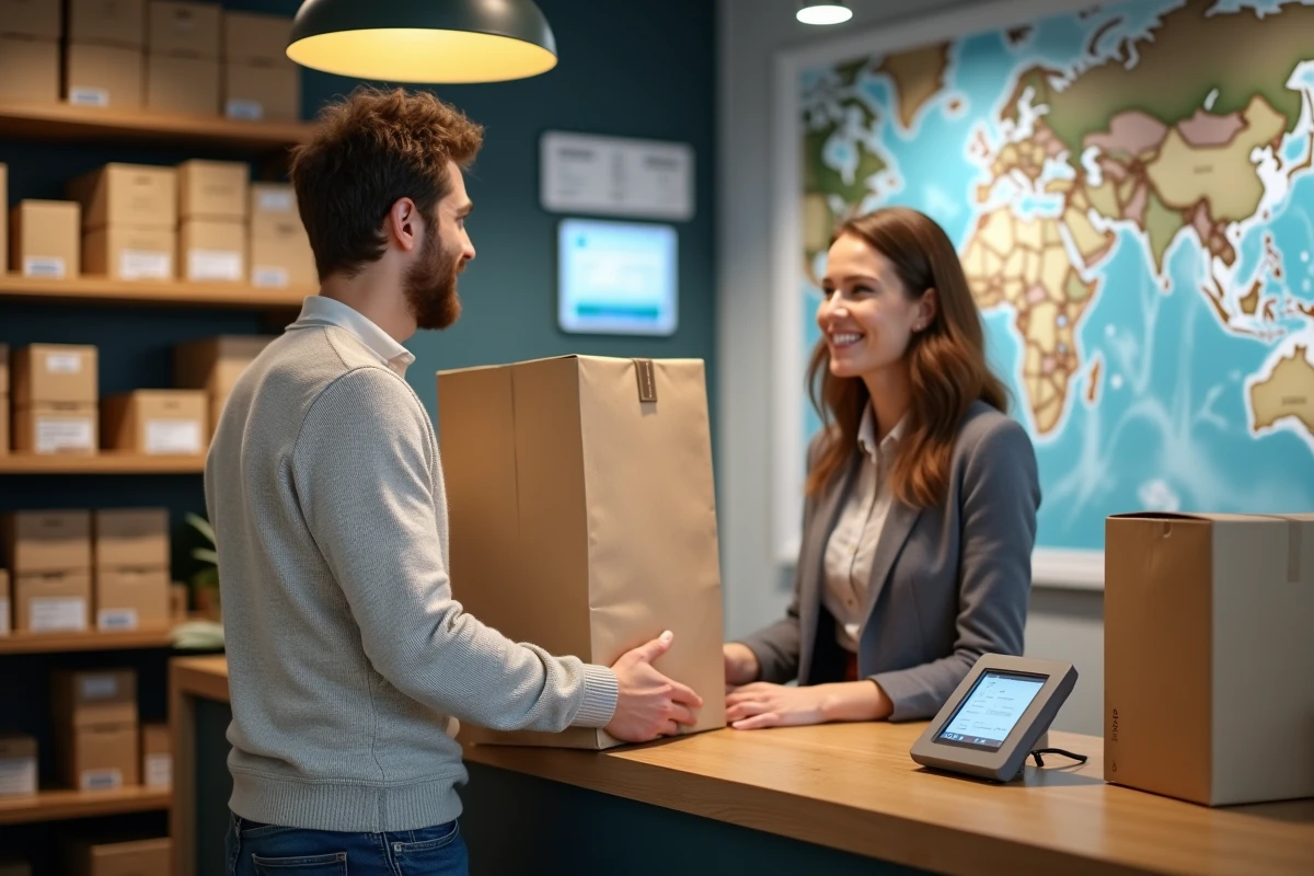Jeune homme avec sac à la boutique de retrait colis intérieur