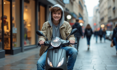 Jeune garçon en jeans et coupe-vent avec scooter en ville