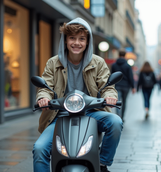 Jeune garçon en jeans et coupe-vent avec scooter en ville