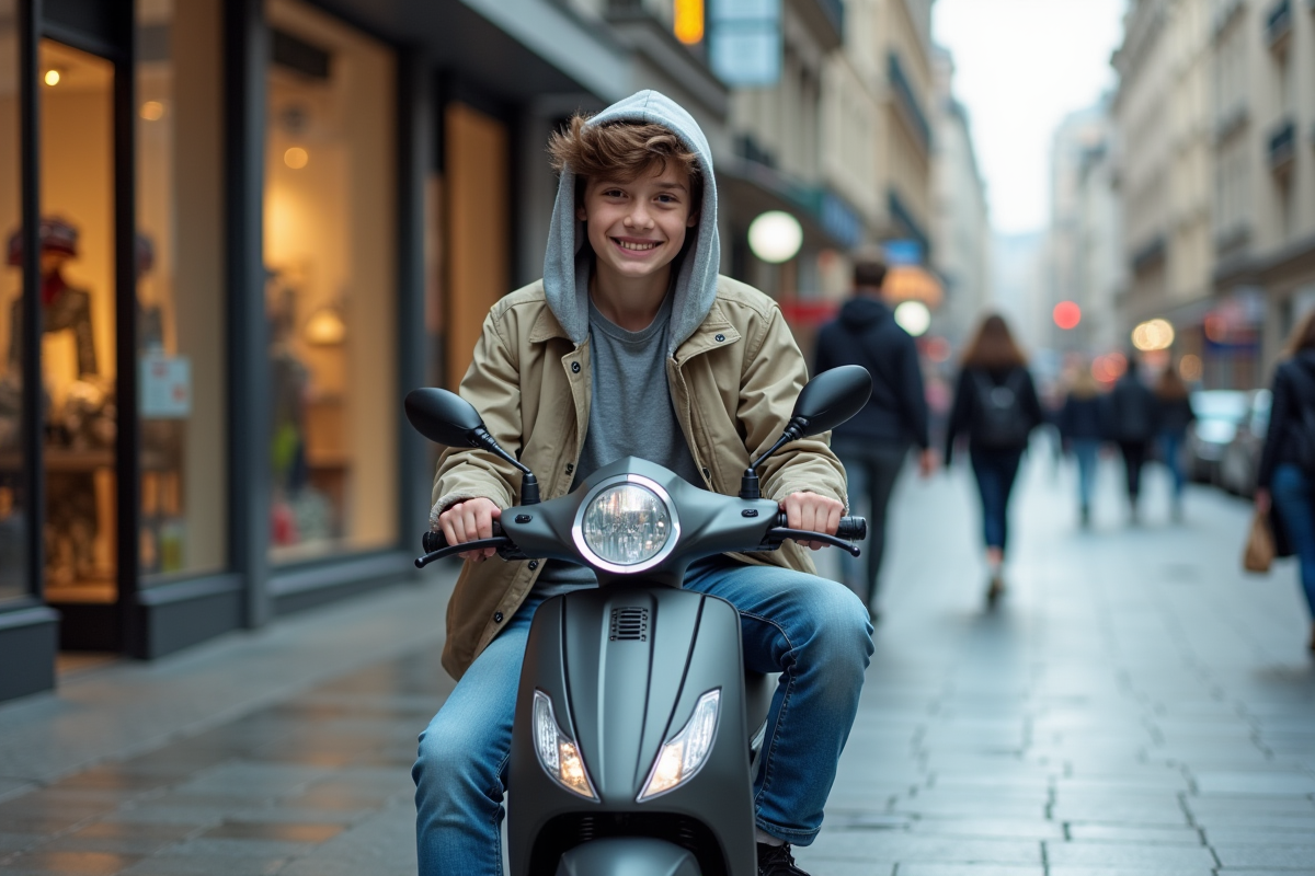 Jeune garçon en jeans et coupe-vent avec scooter en ville