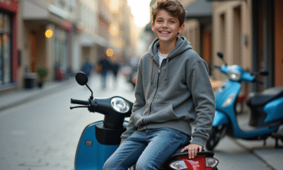 Jeune garçon souriant avec scooter en ville