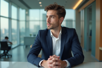 Jeune homme en costume dans un bureau moderne