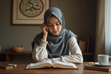 Jeune femme musulmane lit un Quran dans un intérieur
