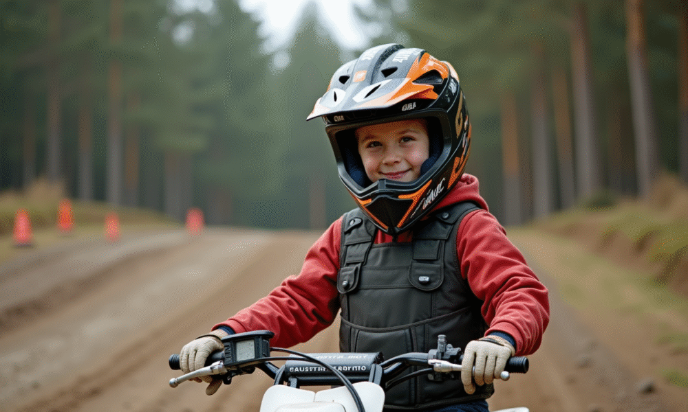 Jeune garçon en équipement de motocross debout près de son pit bike sur une piste poussiéreuse