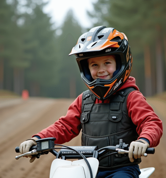 Jeune garçon en équipement de motocross debout près de son pit bike sur une piste poussiéreuse