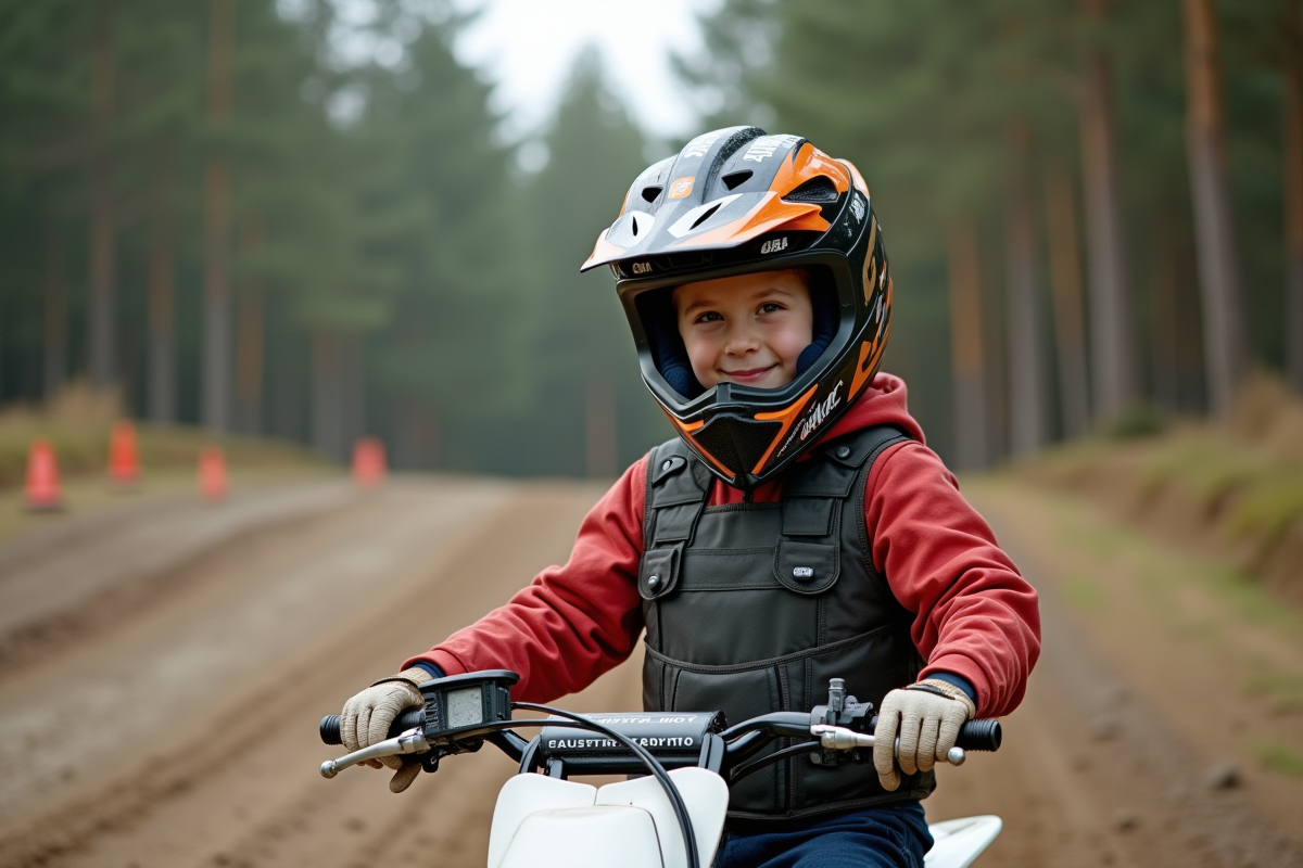 Jeune garçon en équipement de motocross debout près de son pit bike sur une piste poussiéreuse
