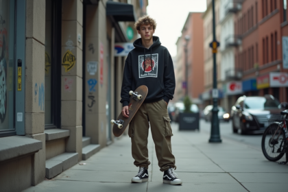 Jeune homme urbain avec skateboard dans la rue