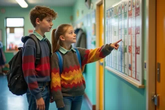 Deux collégiens regardent un calendrier scolaire dans le couloir