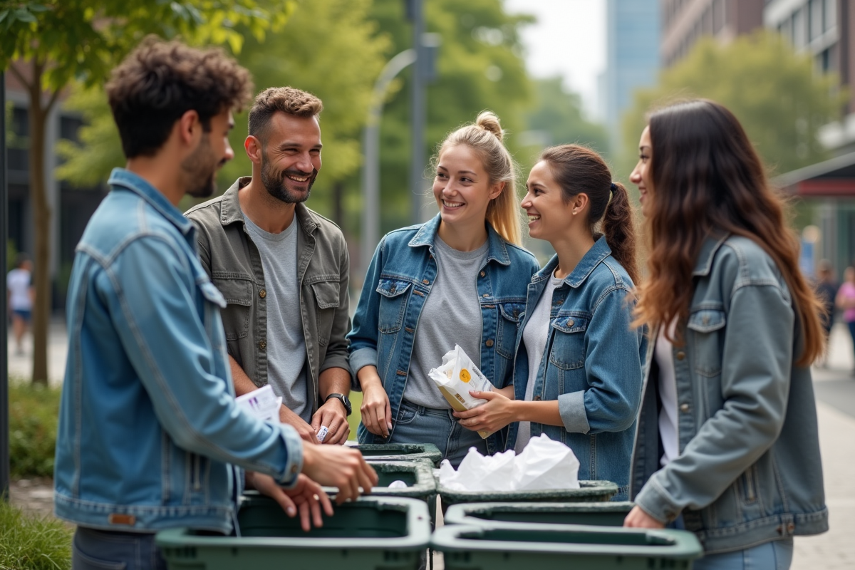 Jeunes adultes trient des matériaux recyclés en plein air