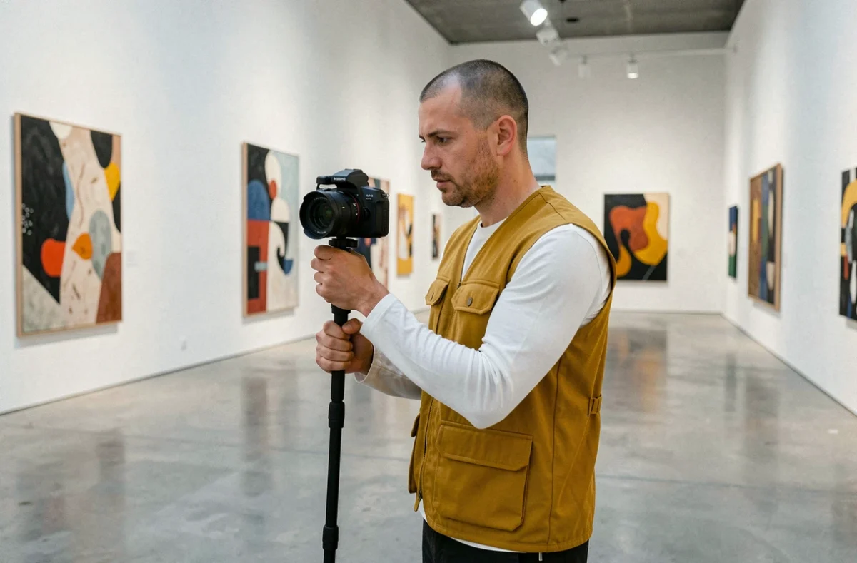 Jordan Chaleix filmant sur monopode dans une galerie d'art contemporain de Bordeaux avec des peintures abstraites sur murs blancs