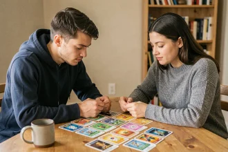 Deux joueurs adultes concentrés autour d'une table en bois couverte de cartes Pokémon Aventure Ensemble lors d'une partie de JCC