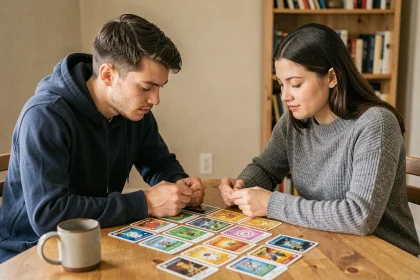 Deux joueurs adultes concentrés autour d'une table en bois couverte de cartes Pokémon Aventure Ensemble lors d'une partie de JCC