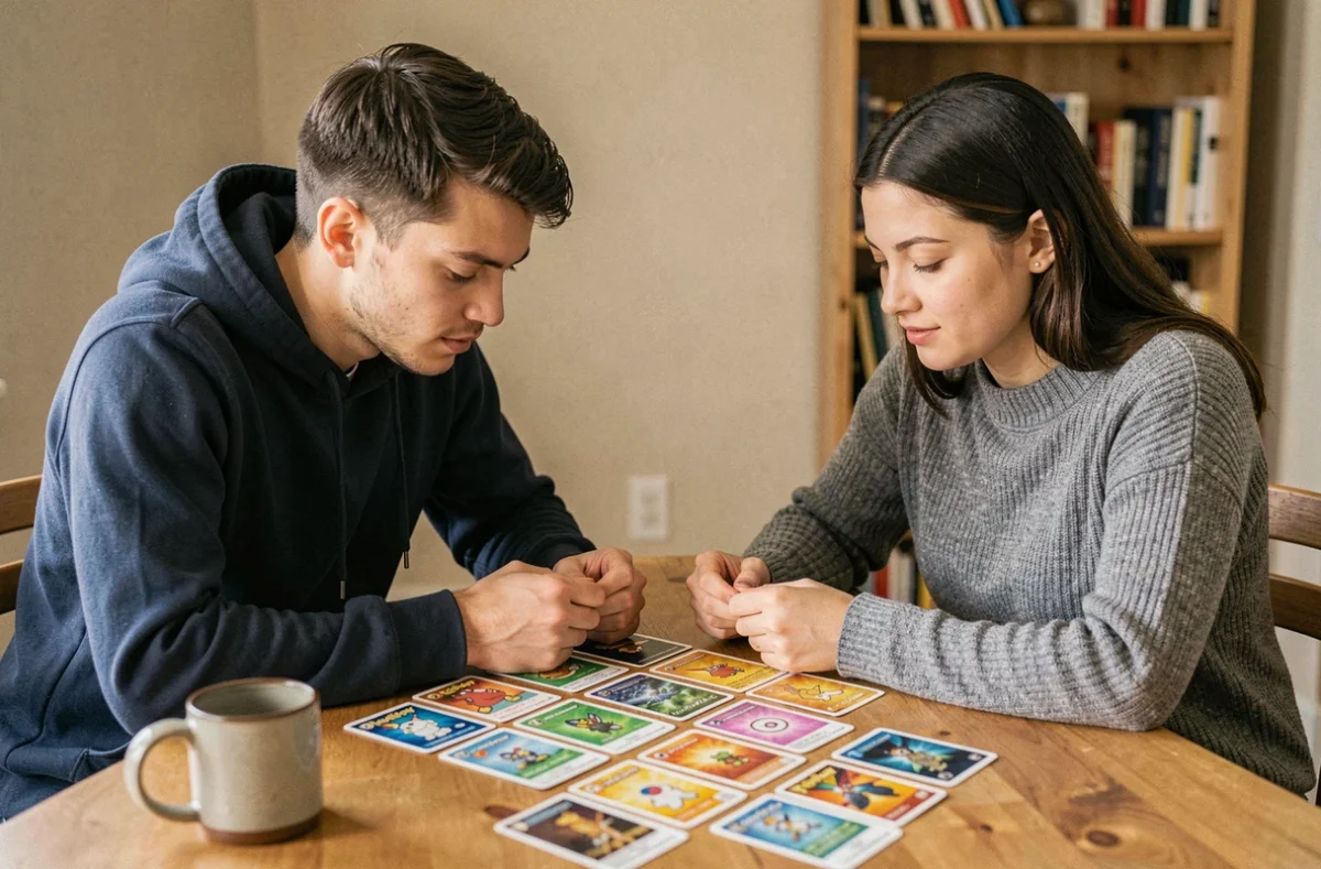Deux joueurs adultes concentrés autour d'une table en bois couverte de cartes Pokémon Aventure Ensemble lors d'une partie de JCC