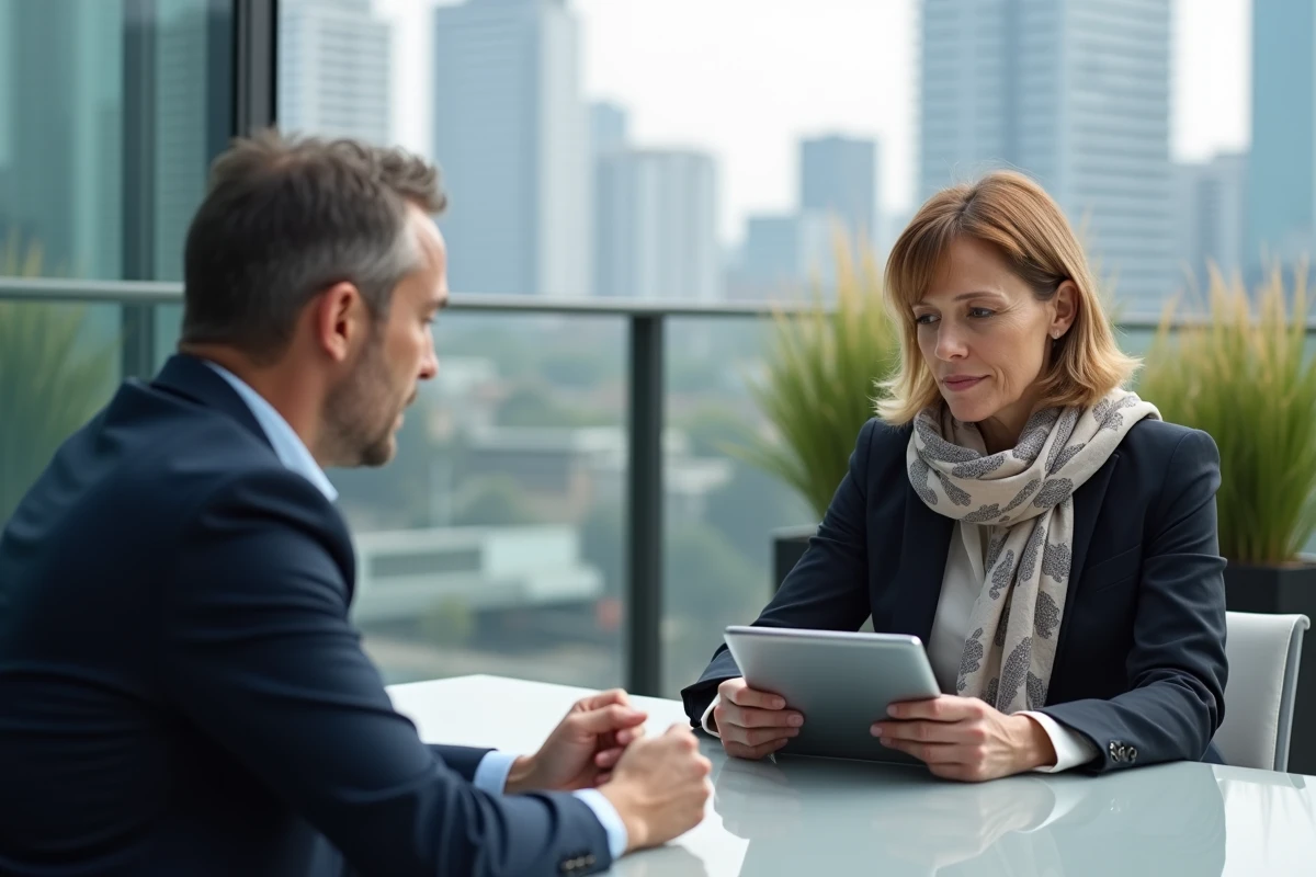 Femme journaliste interviewant un expert TDI en extérieur