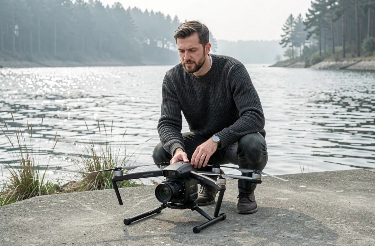 Kevin Cogan préparant un drone au bord de l'estuaire de la Gironde avec le plan d'eau brumeux en arrière-plan
