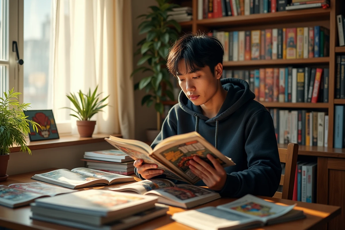 Jeune homme lisant un manhua chinois Exorcism Records Journey to the West dans son appartement entouré de bandes dessinées