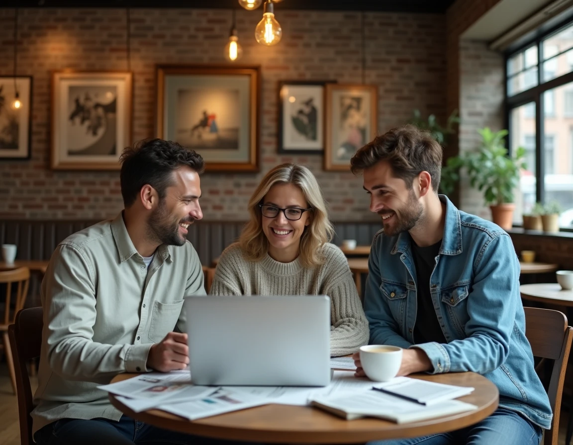 Groupe de lecteurs adultes discutant du contenu éditorial d'un magazine en ligne autour d'un ordinateur portable dans un café indépendant