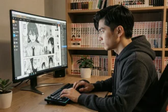 Jeune homme lisant un scan de manga sur ordinateur dans un bureau à domicile, comparatif de plateformes de lecture en ligne 2026
