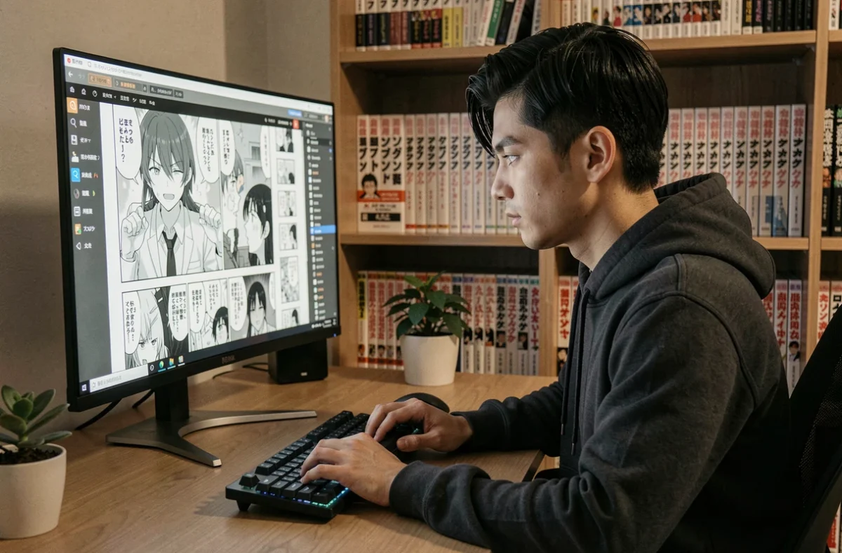 Jeune homme lisant un scan de manga sur ordinateur dans un bureau à domicile, comparatif de plateformes de lecture en ligne 2026