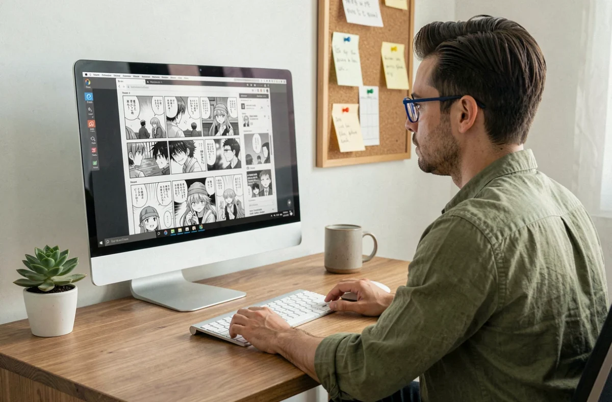 Homme portant des lunettes anti-lumière bleue lisant des scans sur un grand écran de bureau ergonomique