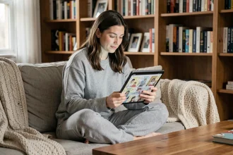 Femme lisant des scans de manga sur une tablette confortablement installée sur un canapé avec un plaid