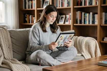 Femme lisant des scans de manga sur une tablette confortablement installée sur un canapé avec un plaid
