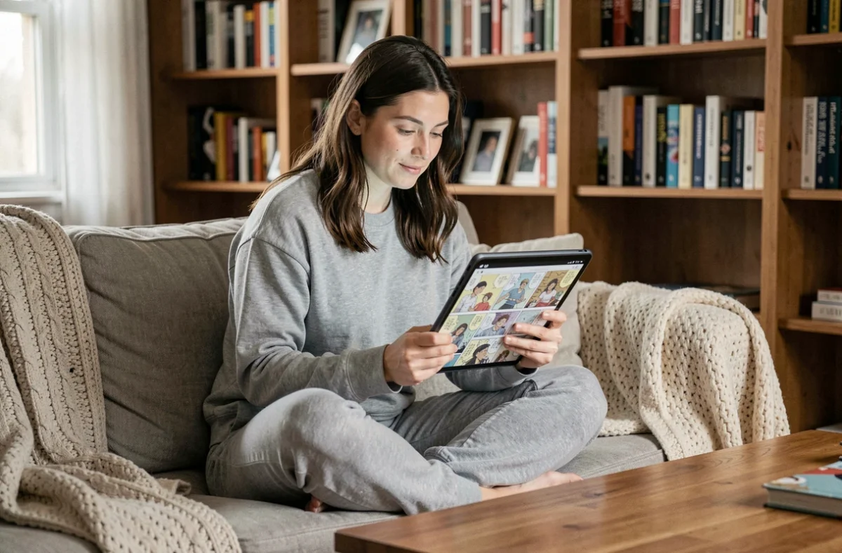 Femme lisant des scans de manga sur une tablette confortablement installée sur un canapé avec un plaid