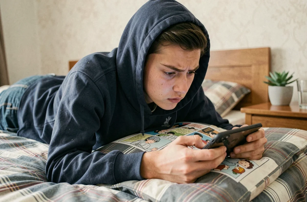 Adolescent allongé sur son lit lisant des scans de manga sur smartphone dans une chambre cosy