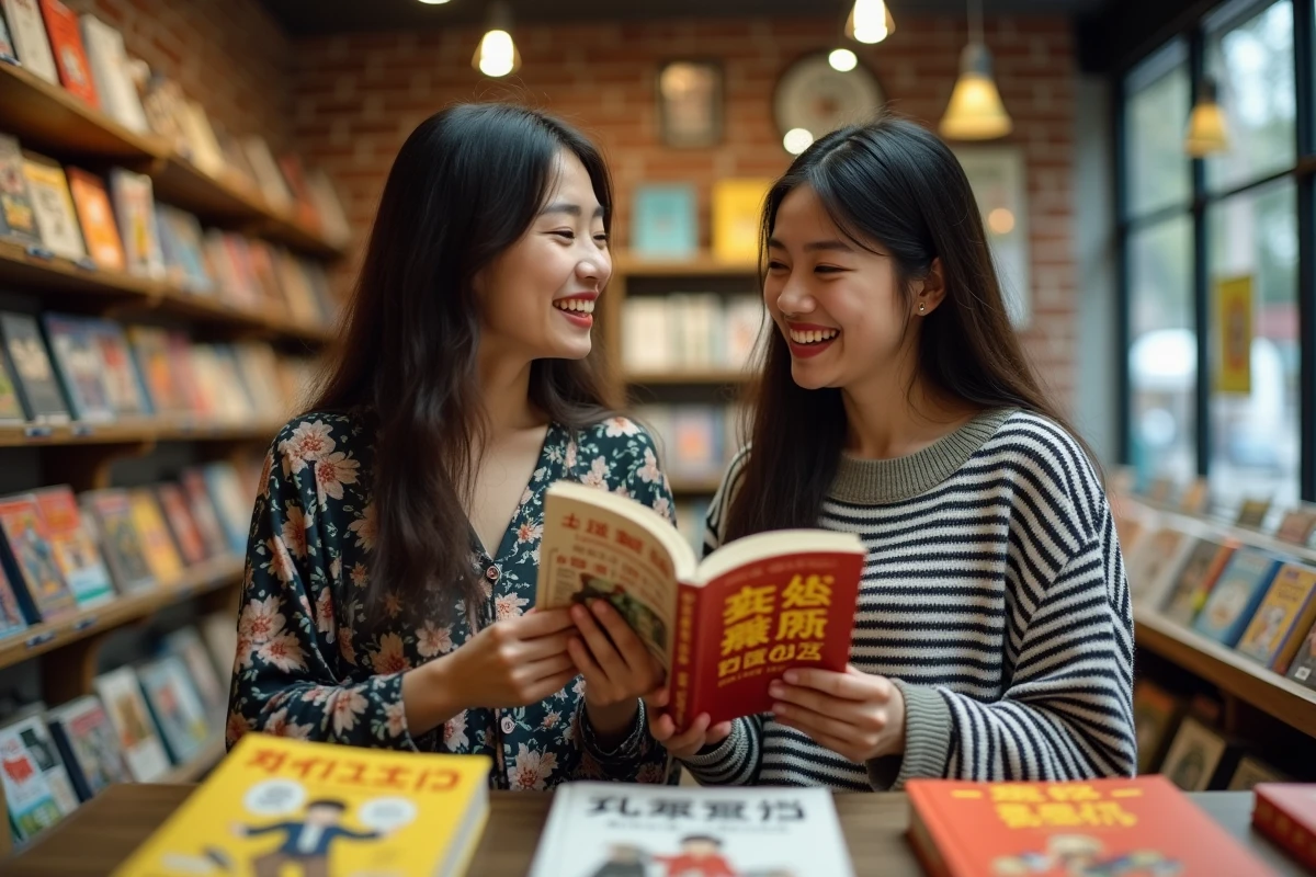 Deux jeunes femmes découvrant des volumes de manhua traduits en français dans une librairie spécialisée en bandes dessinées
