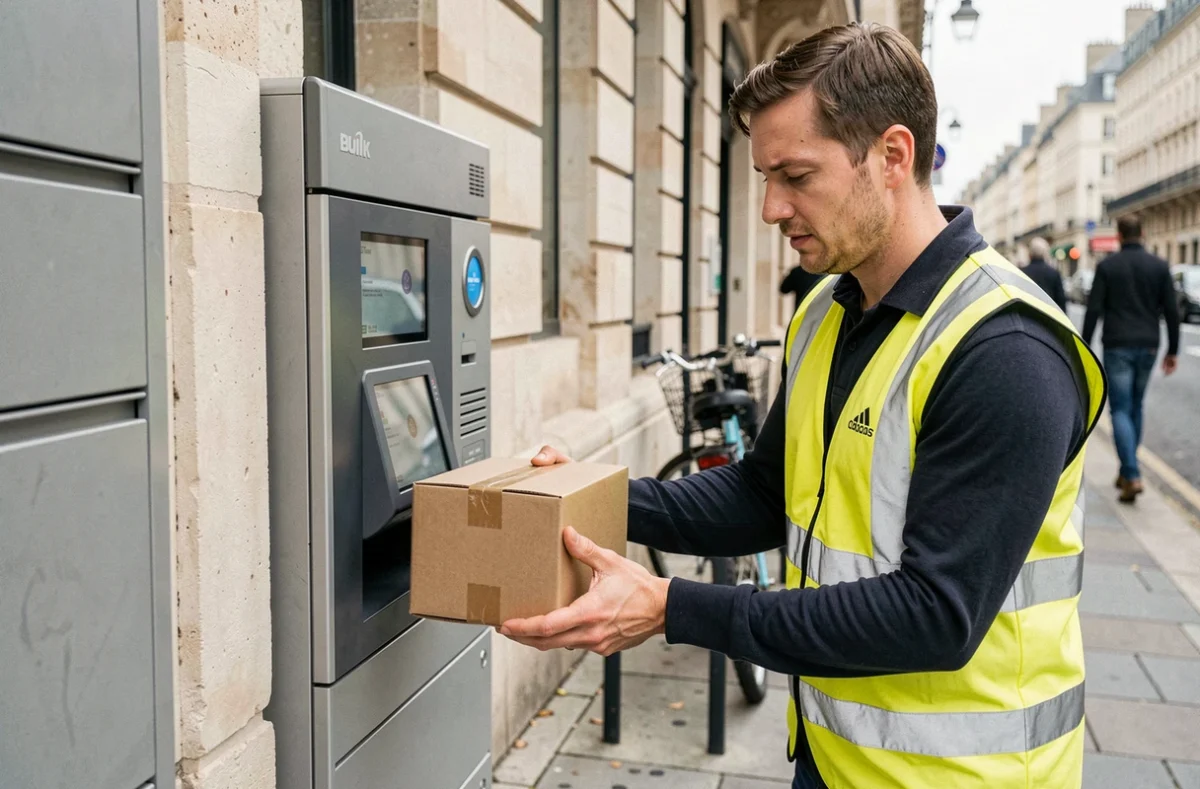 Livreur déposant un colis dans une consigne automatique LP Collect en rue urbaine