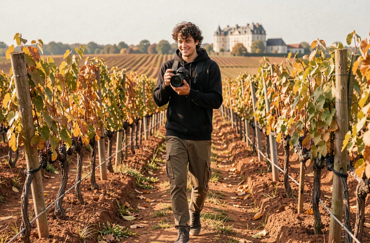 Luka Fayon filmant à l'épaule dans un vignoble de Gironde en automne avec des rangées de vignes dorées à l'arrière-plan