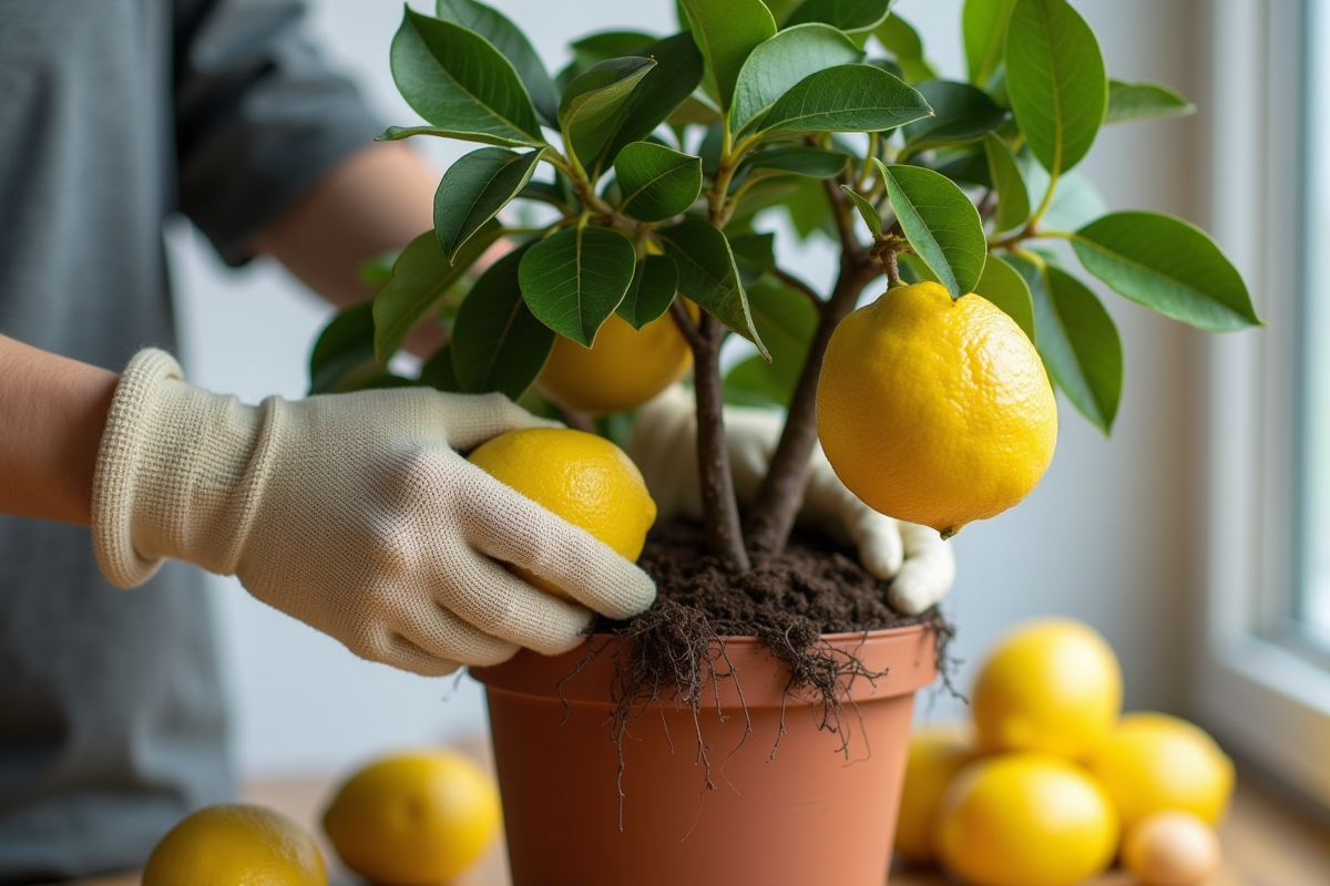 Mains en gants plantant un citronnier dans un pot lumineux