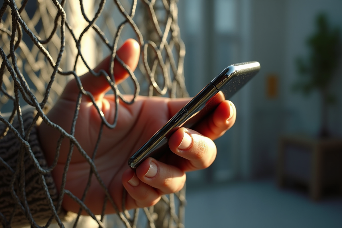 Main tenant un smartphone dans une cage métallique