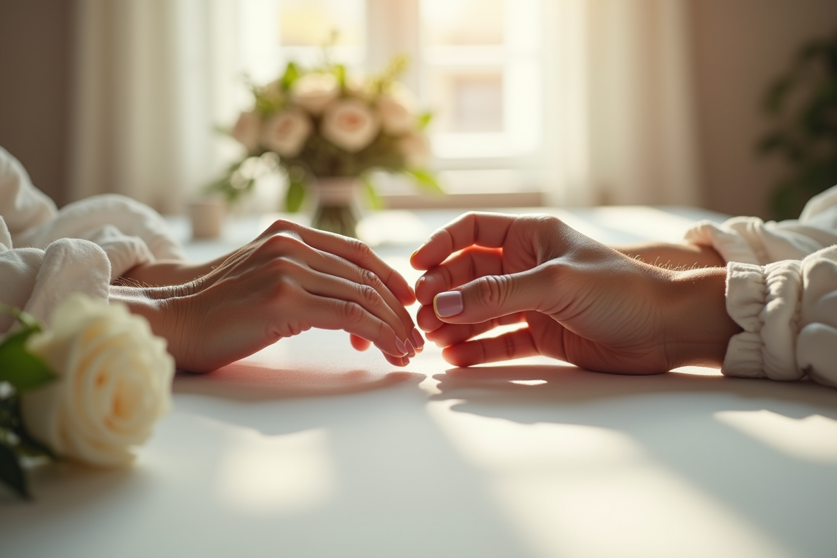 Mains âgées échangeant des bagues de mariage sur une table élégante