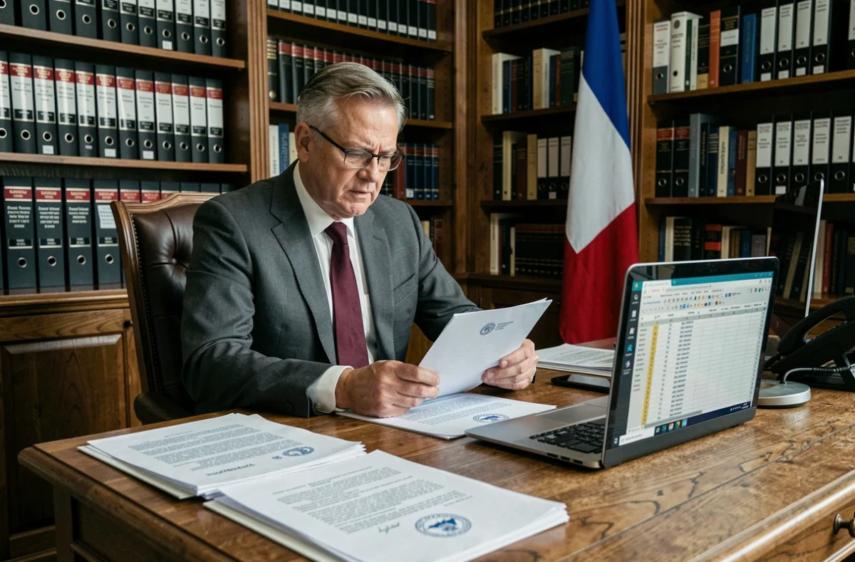 Un maire adjoint consultant des documents officiels sur les indemnités municipales dans son bureau à l'hôtel de ville
