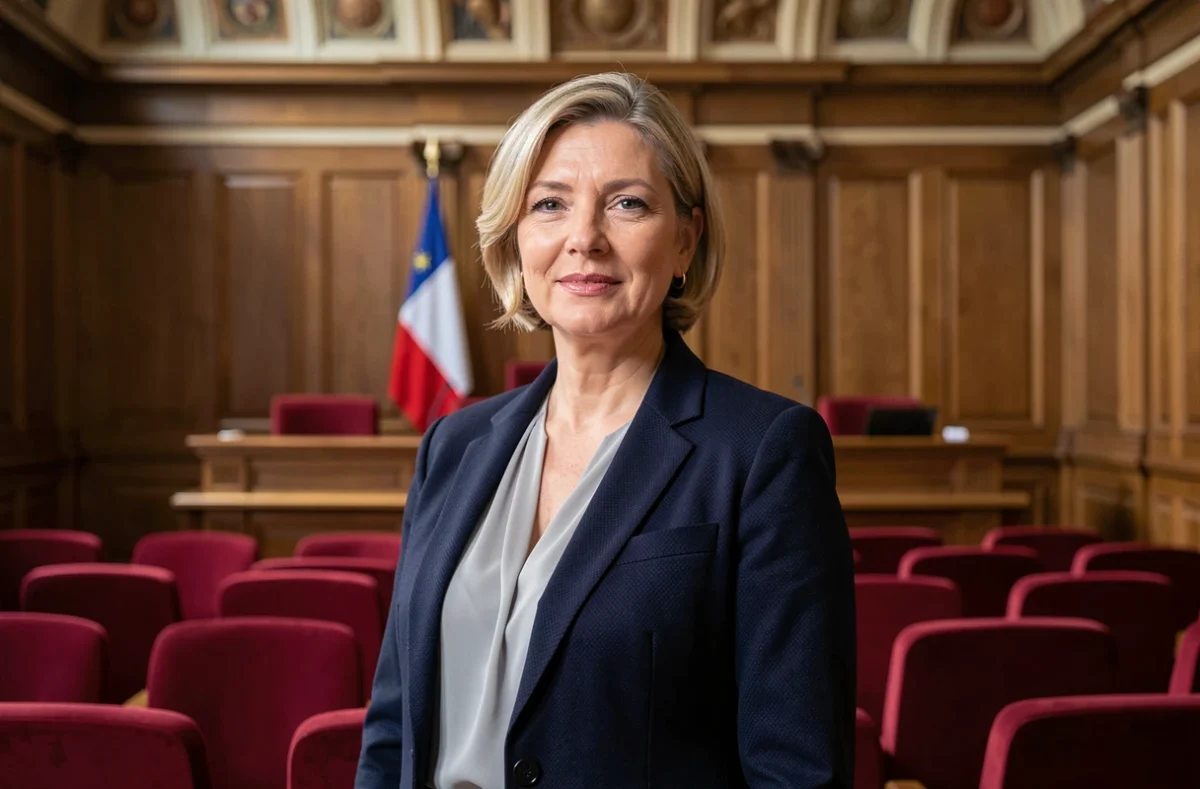 Une maire adjointe en veste marine dans une salle du conseil municipal, illustrant la réforme des indemnités des élus locaux en 2026