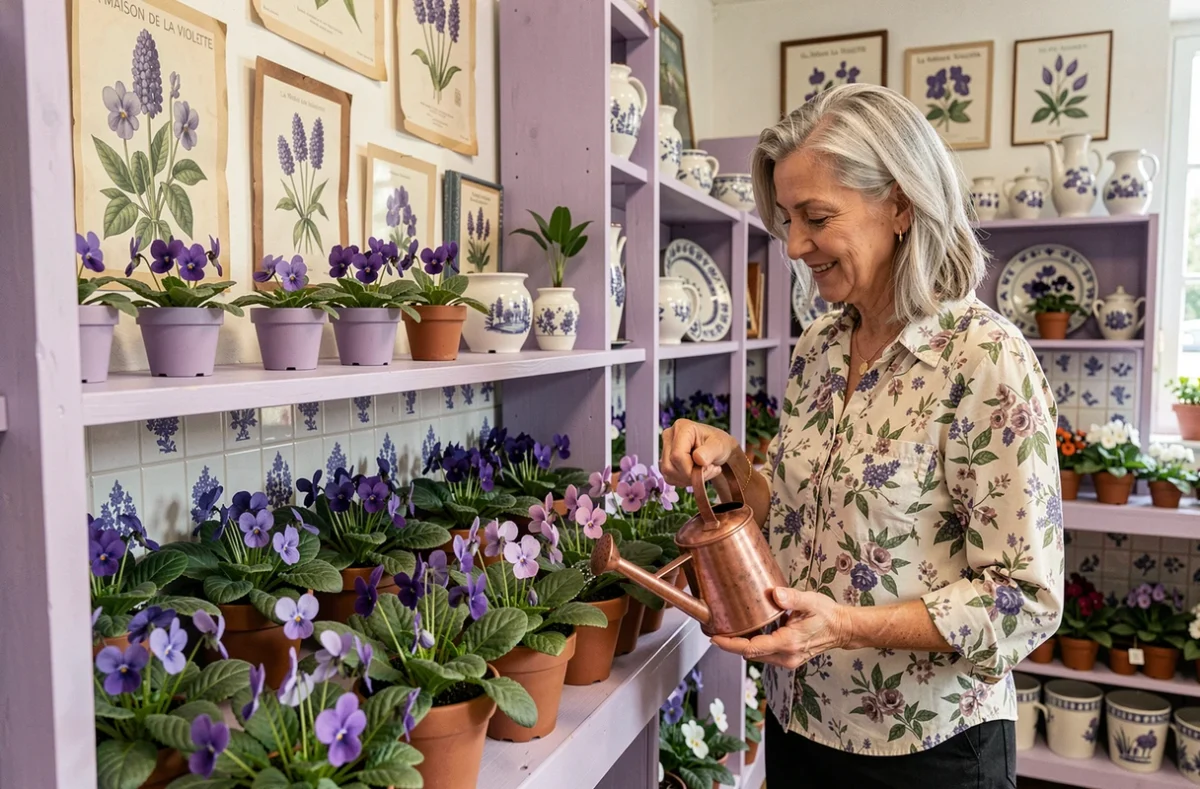 La Maison de la Violette à Toulouse avec une vendeuse arrosant des plants de violettes en pot sur des étagères en bois teintées de lavande, entourée d'illustrations botaniques vintage