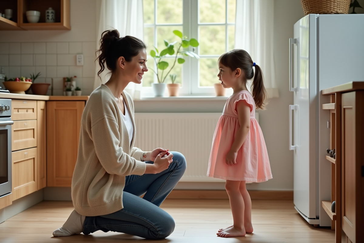 Maman parle à sa fille dans une cuisine lumineuse