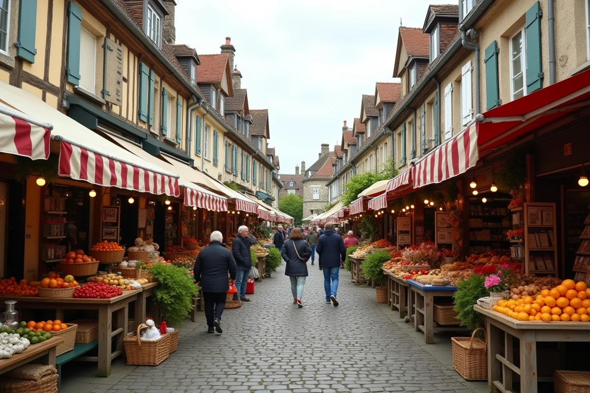 Marché de Deauville animé avec des étals de fruits, légumes et fromages sous des auvents rayés sur des pavés normands