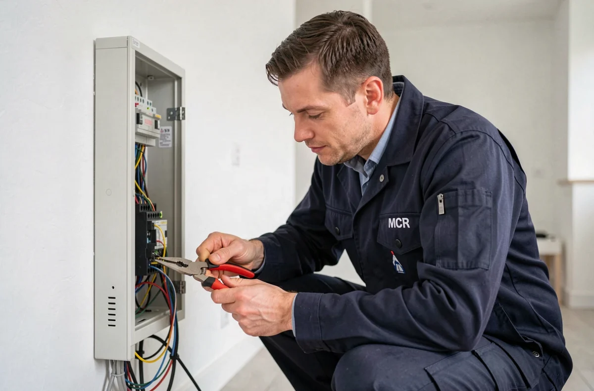 Technicien de MCR Elec en intervention sur un tableau électrique dans un appartement résidentiel à La Rochelle