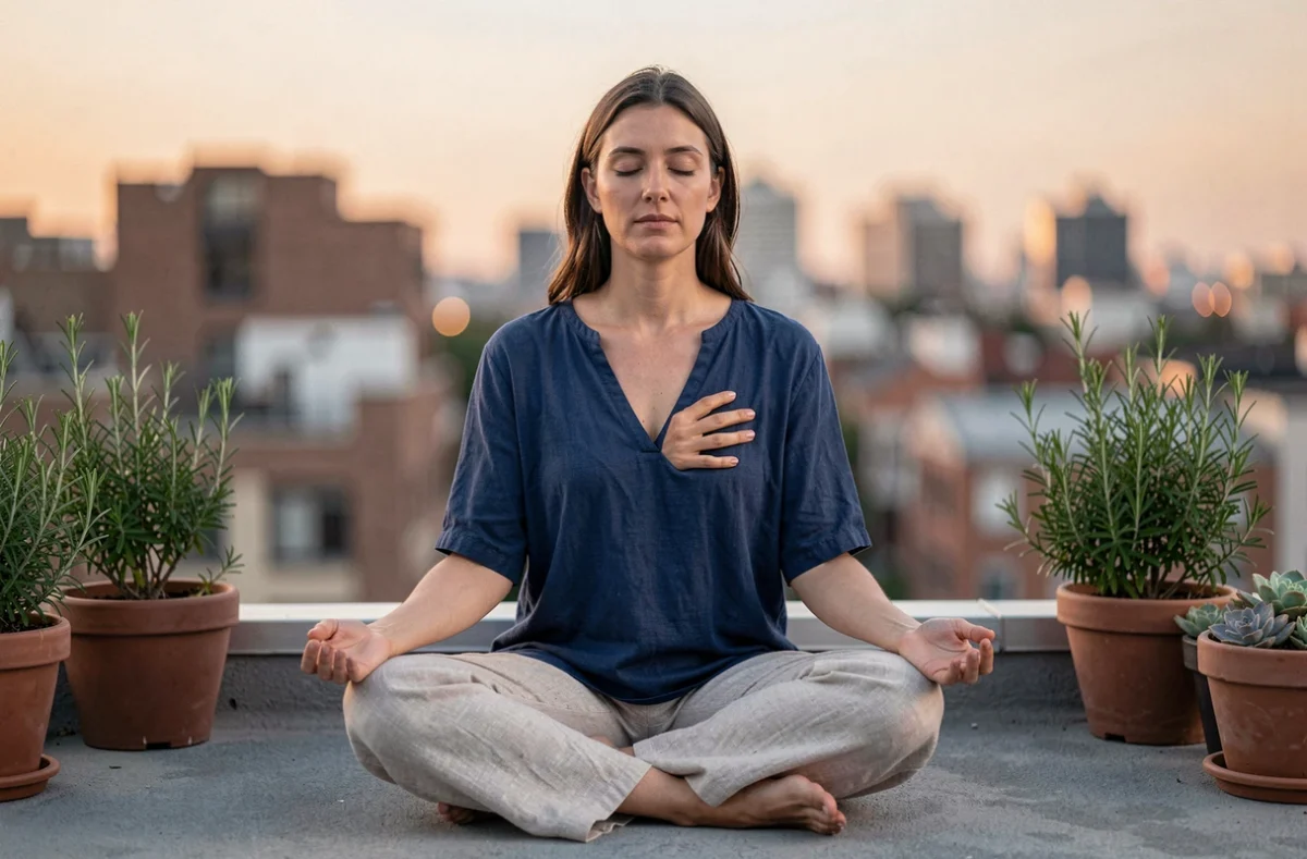 Femme en méditation solitaire sur une terrasse urbaine au crépuscule, explorant la différence entre connexion karmique et flamme jumelle