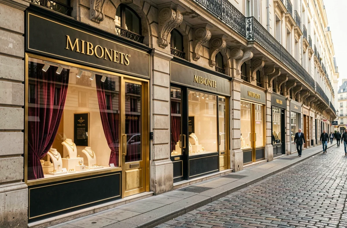 Rue parisienne élégante avec vitrines de bijouteries de luxe et façades haussmanniennes