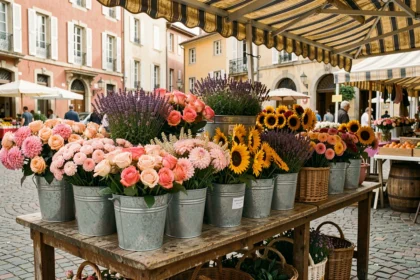 Marché aux fleurs coloré en Haute-Garonne avec une abondance de roses, dahlias et lavande dans des seaux en métal et paniers en osier sur fond d'architecture toulousaine